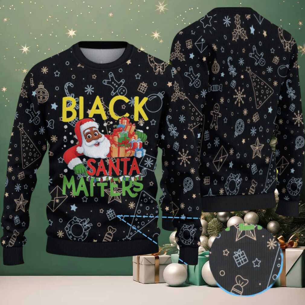 Black “Black Santa Matters” Christmas Pattern with Stars, Gifts & Gingerbread Icons – Vintage Ugly Christmas Sweater - Front View