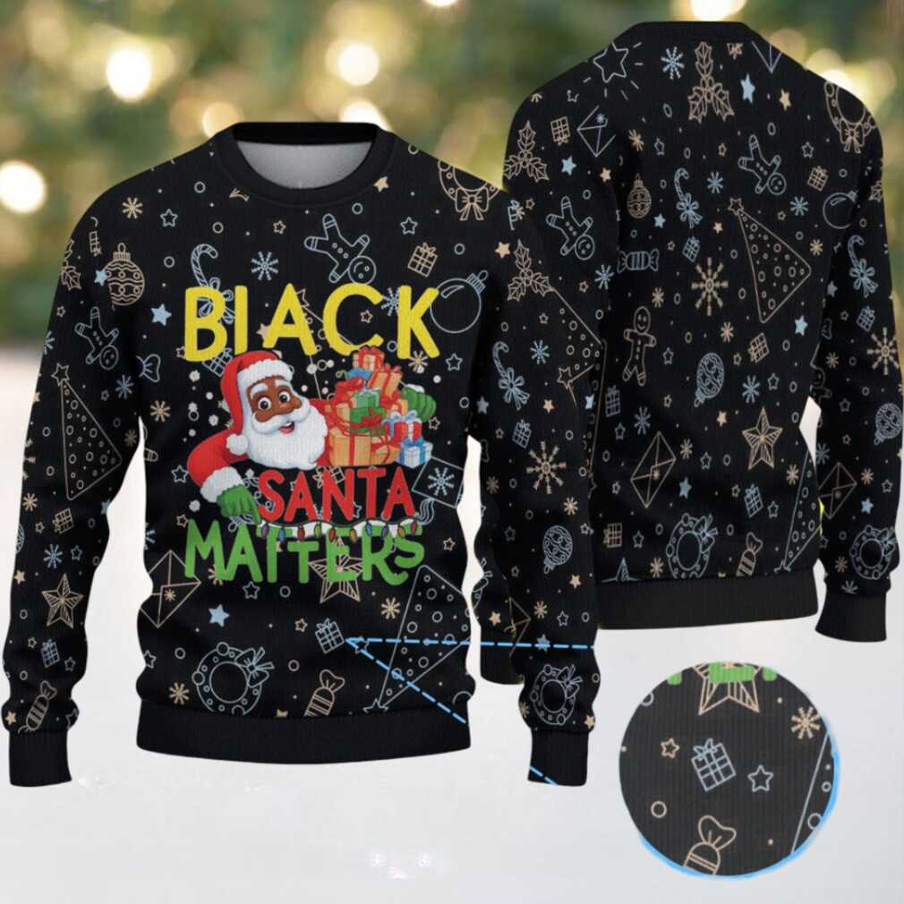 Black “Black Santa Matters” Christmas Pattern with Stars, Gifts & Gingerbread Icons – Vintage Ugly Christmas Sweater - Detail