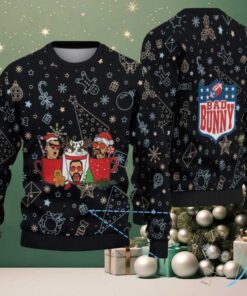 Black Christmas Pattern “Bad Bunny Hot Cocoa Party” Ugly Christmas Sweater