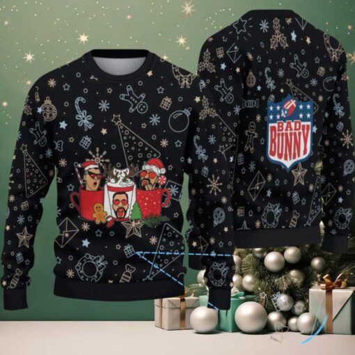 Black Christmas Pattern “Bad Bunny Hot Cocoa Party” Ugly Christmas Sweater