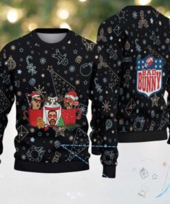 Black Christmas Pattern “Bad Bunny Hot Cocoa Party” Ugly Christmas Sweater