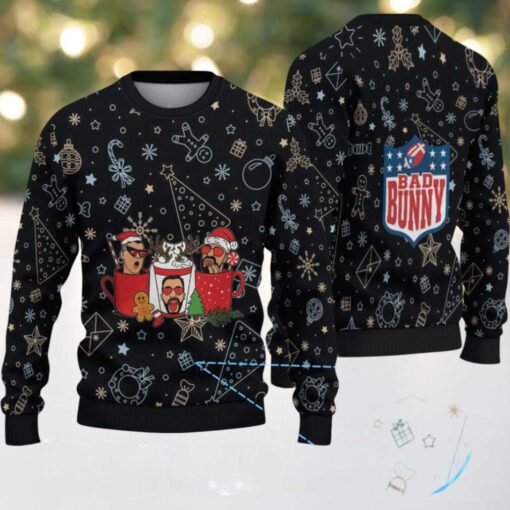 Black Christmas Pattern “Bad Bunny Hot Cocoa Party” Ugly Christmas Sweater