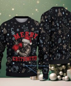 Black Doodle Christmas Icon Ugly Christmas Sweater Mike Tyson in Santa Hat with Boxing Gloves