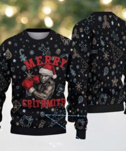 Black Doodle Christmas Icon Ugly Christmas Sweater Mike Tyson in Santa Hat with Boxing Gloves
