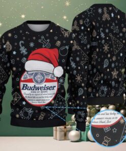 Black Gold Christmas Ornament Pattern Budweiser Santa Hat “King of Beers” Ugly Christmas Sweater