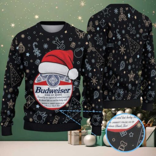 Black Gold Christmas Ornament Pattern Budweiser Santa Hat “King of Beers” Ugly Christmas Sweater