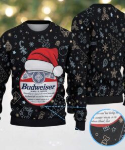 Black Gold Christmas Ornament Pattern Budweiser Santa Hat “King of Beers” Ugly Christmas Sweater
