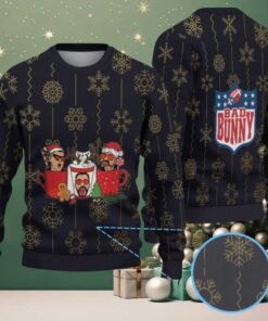 Black & Gold Snowflake Pattern “Bad Bunny Cocoa Crew” Ugly Christmas Sweater