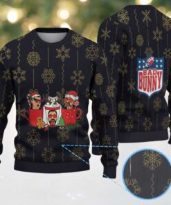 Black & Gold Snowflake Pattern “Bad Bunny Cocoa Crew” Ugly Christmas Sweater