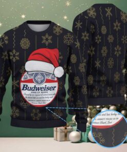 Black Gold Snowflake Pattern Budweiser Santa Hat “King of Beers” Ugly Christmas Sweater