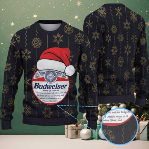 Black Gold Snowflake Pattern Budweiser Santa Hat “King of Beers” Ugly Christmas Sweater