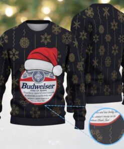 Black Gold Snowflake Pattern Budweiser Santa Hat “King of Beers” Ugly Christmas Sweater