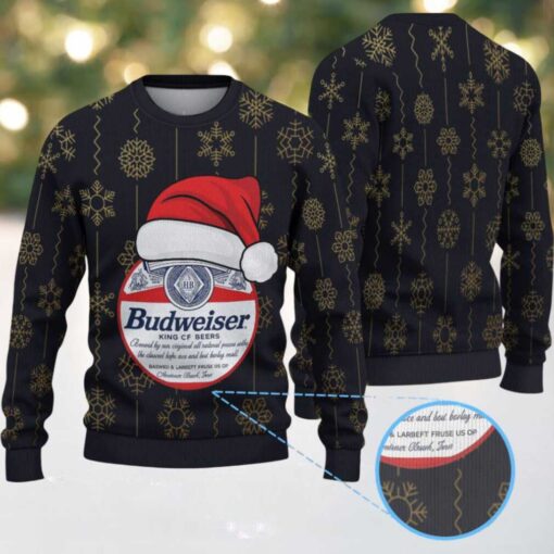 Black Gold Snowflake Pattern Budweiser Santa Hat “King of Beers” Ugly Christmas Sweater
