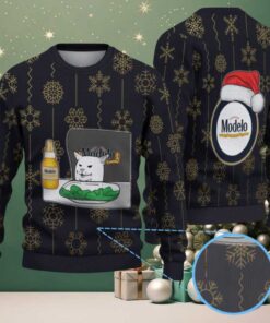 Black & Gold Snowflake Pattern “Modelo Beer Cat Meme & Santa Hat” Ugly Christmas Sweater