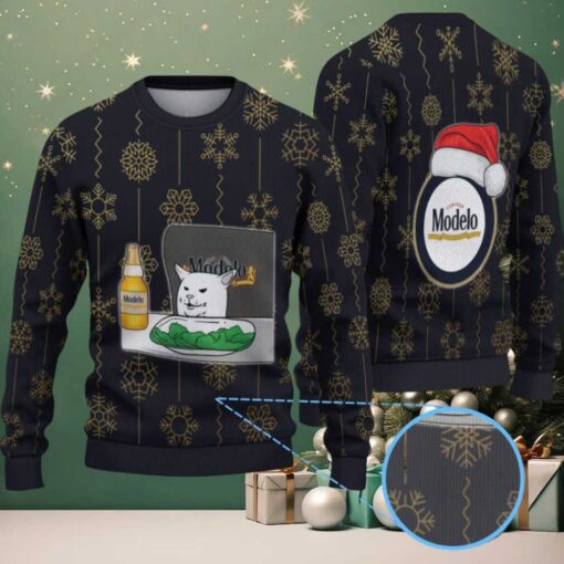 Black & Gold Snowflake Pattern “Modelo Beer Cat Meme & Santa Hat” Ugly Christmas Sweater