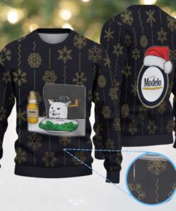 Black & Gold Snowflake Pattern “Modelo Beer Cat Meme & Santa Hat” Ugly Christmas Sweater