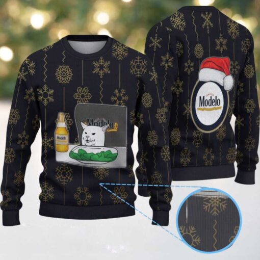 Black & Gold Snowflake Pattern “Modelo Beer Cat Meme & Santa Hat” Ugly Christmas Sweater