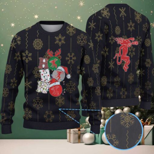 Black & Gold Snowflake Pattern “Stacked Fireball Bottles” Ugly Christmas Sweater – Fireball Cinnamon Whisky Edition
