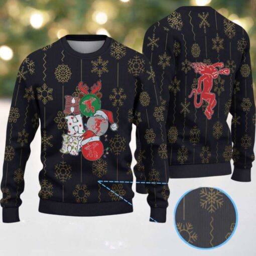 Black & Gold Snowflake Pattern “Stacked Fireball Bottles” Ugly Christmas Sweater – Fireball Cinnamon Whisky Edition