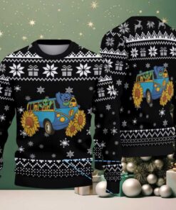 Black Grateful Dead Blue Van with Dancing Bear, Alien, and Sunflower Snowflake Pattern Vintage Ugly Christmas Sweater