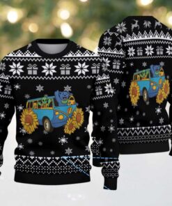 Black Grateful Dead Blue Van with Dancing Bear, Alien, and Sunflower Snowflake Pattern Vintage Ugly Christmas Sweater
