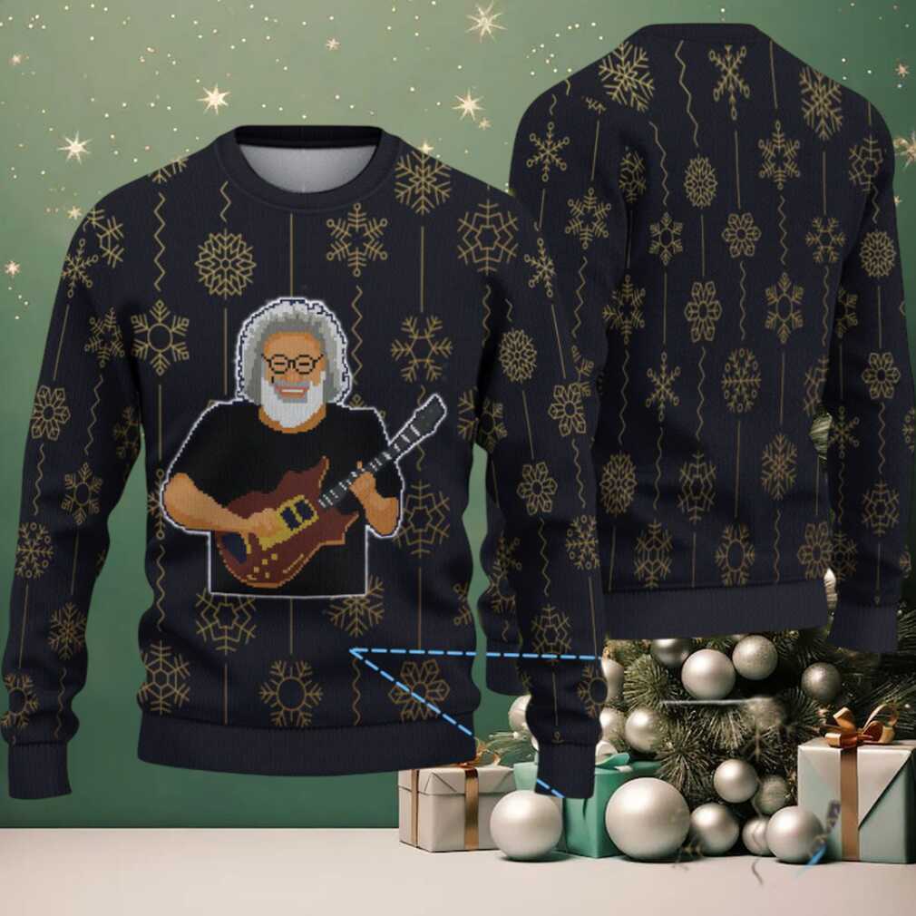 Black Grateful Dead Jerry Garcia Guitar with Gold Snowflake Pattern Vintage Ugly Christmas Sweater Black Grateful Dead Jerry Garcia Guitar with Gold Snowflake Pattern Vintage Ugly Christmas Sweater