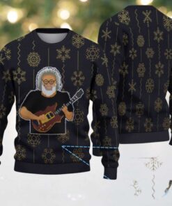 Black Grateful Dead Jerry Garcia Guitar with Gold Snowflake Pattern Vintage Ugly Christmas Sweater