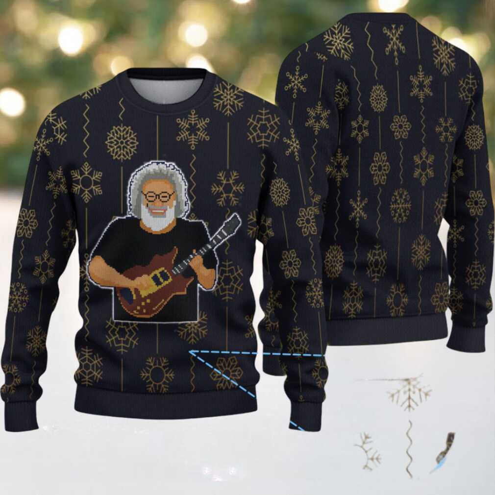 Black Grateful Dead Jerry Garcia Guitar with Gold Snowflake Pattern Vintage Ugly Christmas Sweater Black Grateful Dead Jerry Garcia Guitar with Gold Snowflake Pattern Vintage Ugly Christmas Sweater