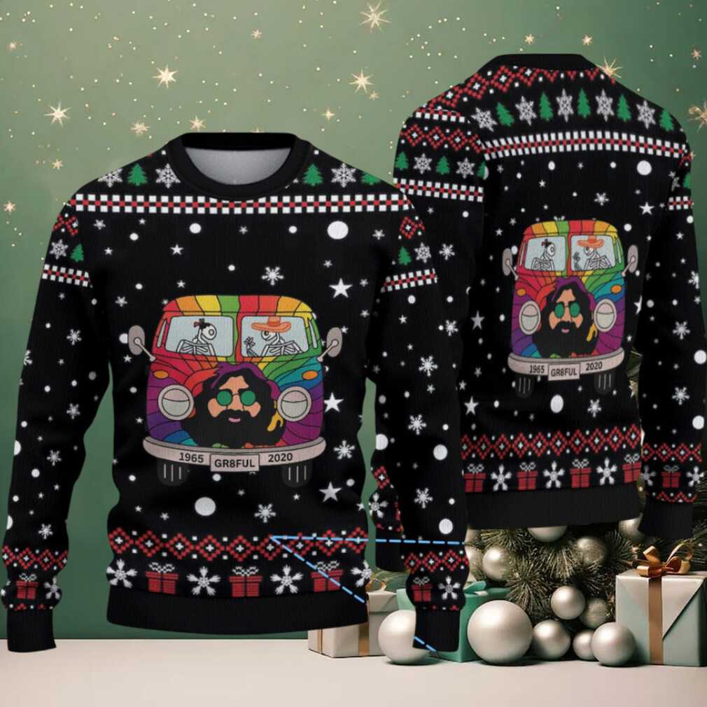 Black Grateful Dead Rainbow Van with Skeletons and Snowflake Gift Pattern Vintage Ugly Christmas Sweater Black Grateful Dead Rainbow Van with Skeletons and Snowflake Gift Pattern Vintage Ugly Christmas Sweater