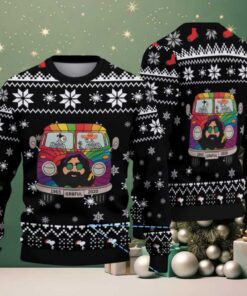 Black Grateful Dead Van with Skeletons and White Snowflake Pattern Vintage Ugly Christmas Sweater