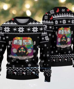 Black Grateful Dead Van with Skeletons and White Snowflake Pattern Vintage Ugly Christmas Sweater