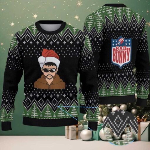 Black & Green Christmas Tree Pattern “Bad Bunny Santa Vibes” Ugly Christmas Sweater
