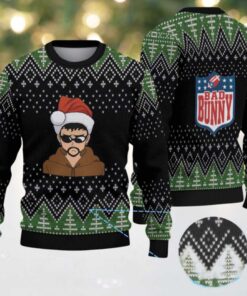 Black & Green Christmas Tree Pattern “Bad Bunny Santa Vibes” Ugly Christmas Sweater