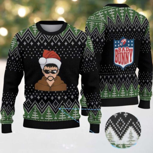 Black & Green Christmas Tree Pattern “Bad Bunny Santa Vibes” Ugly Christmas Sweater