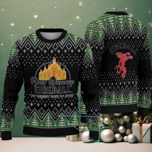 Black & Green Christmas Tree Pattern “Fireball Cinnamon Whisky Bottles” Ugly Holiday Sweater