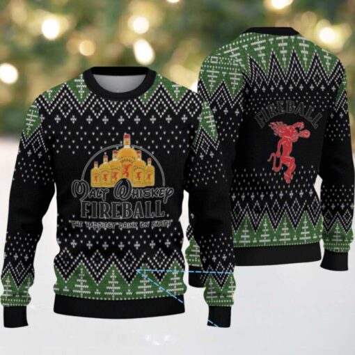 Black & Green Christmas Tree Pattern “Fireball Cinnamon Whisky Bottles” Ugly Holiday Sweater