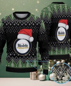 Black & Green Christmas Tree Pattern “Modelo Beer Santa Hat” Ugly Sweater