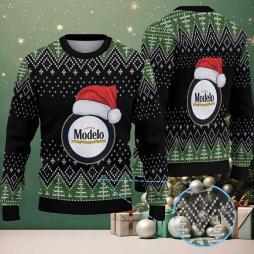 Black & Green Christmas Tree Pattern “Modelo Beer Santa Hat” Ugly Sweater