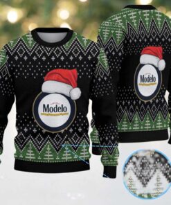 Black & Green Christmas Tree Pattern “Modelo Beer Santa Hat” Ugly Sweater