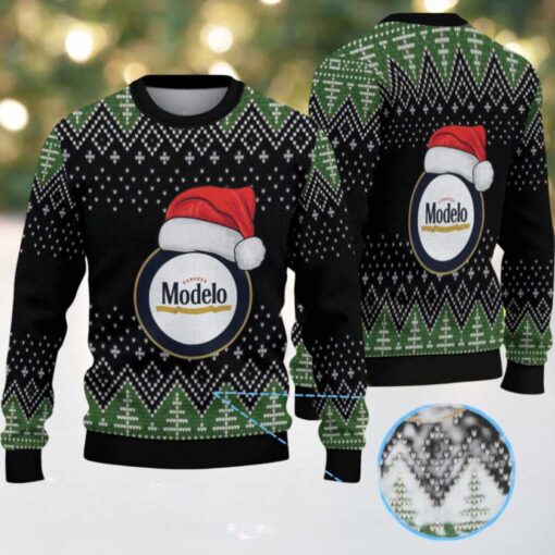 Black & Green Christmas Tree Pattern “Modelo Beer Santa Hat” Ugly Sweater