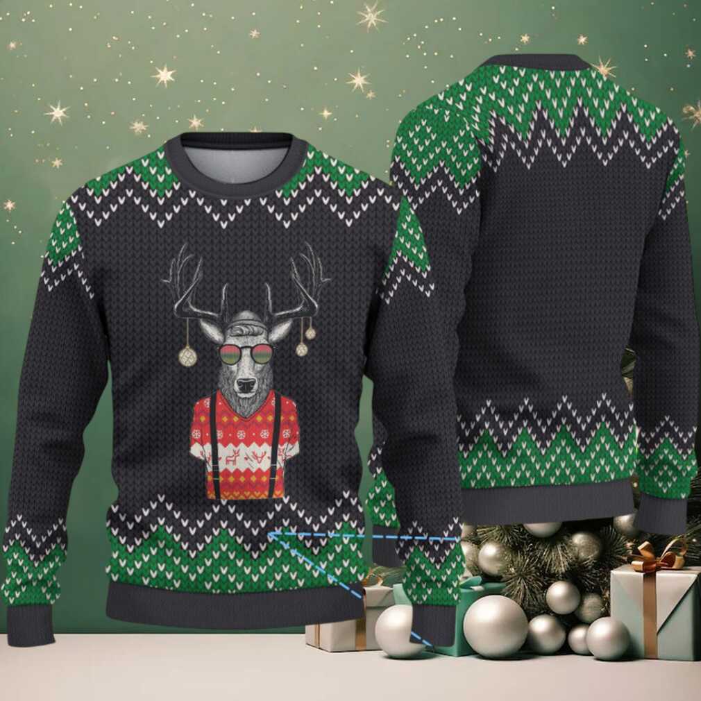 Black & Green Hipster Reindeer with Glasses Zigzag Pattern – Vintage Ugly Christmas Sweater - Front View