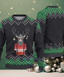Black & Green Hipster Reindeer with Glasses Zigzag Pattern – Vintage Ugly Christmas Sweater Black & Green Hipster Reindeer with Glasses Zigzag Pattern – Vintage Ugly Christmas Sweater
