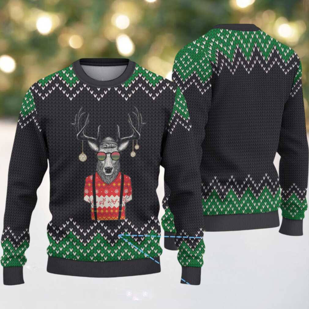Black & Green Hipster Reindeer with Glasses Zigzag Pattern – Vintage Ugly Christmas Sweater Black & Green Hipster Reindeer with Glasses Zigzag Pattern – Vintage Ugly Christmas Sweater