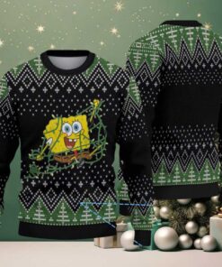 Black & Green SpongeBob Tangled in Christmas Lights Tree Pattern – Vintage Ugly Christmas Sweater