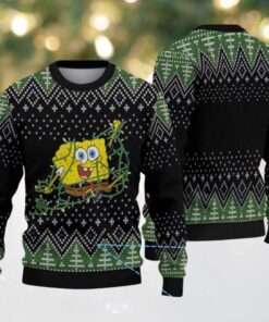 Black & Green SpongeBob Tangled in Christmas Lights Tree Pattern – Vintage Ugly Christmas Sweater