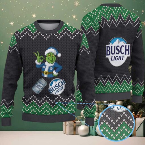 Black & Green Zigzag Knit “Busch Light Grinch Santa” Ugly Christmas Sweater