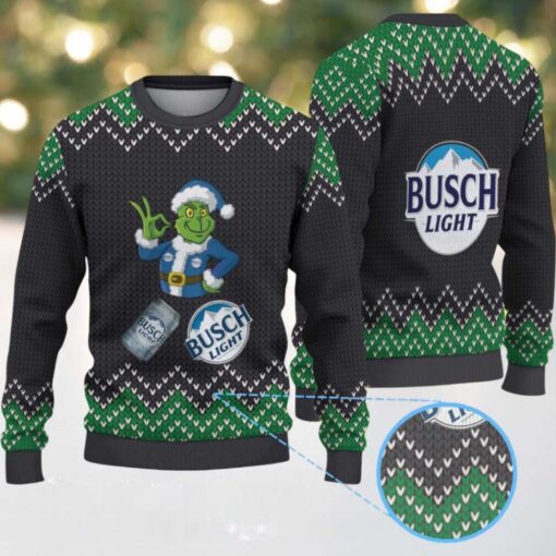 Black & Green Zigzag Knit “Busch Light Grinch Santa” Ugly Christmas Sweater