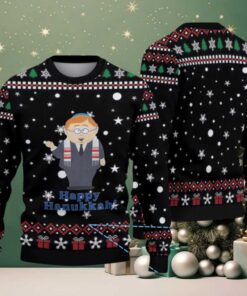 Black & Red “Happy Hanukkah” South Park Character with Snowflake Gift Pattern – Vintage Ugly Christmas Sweater