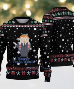 Black & Red “Happy Hanukkah” South Park Character with Snowflake Gift Pattern – Vintage Ugly Christmas Sweater