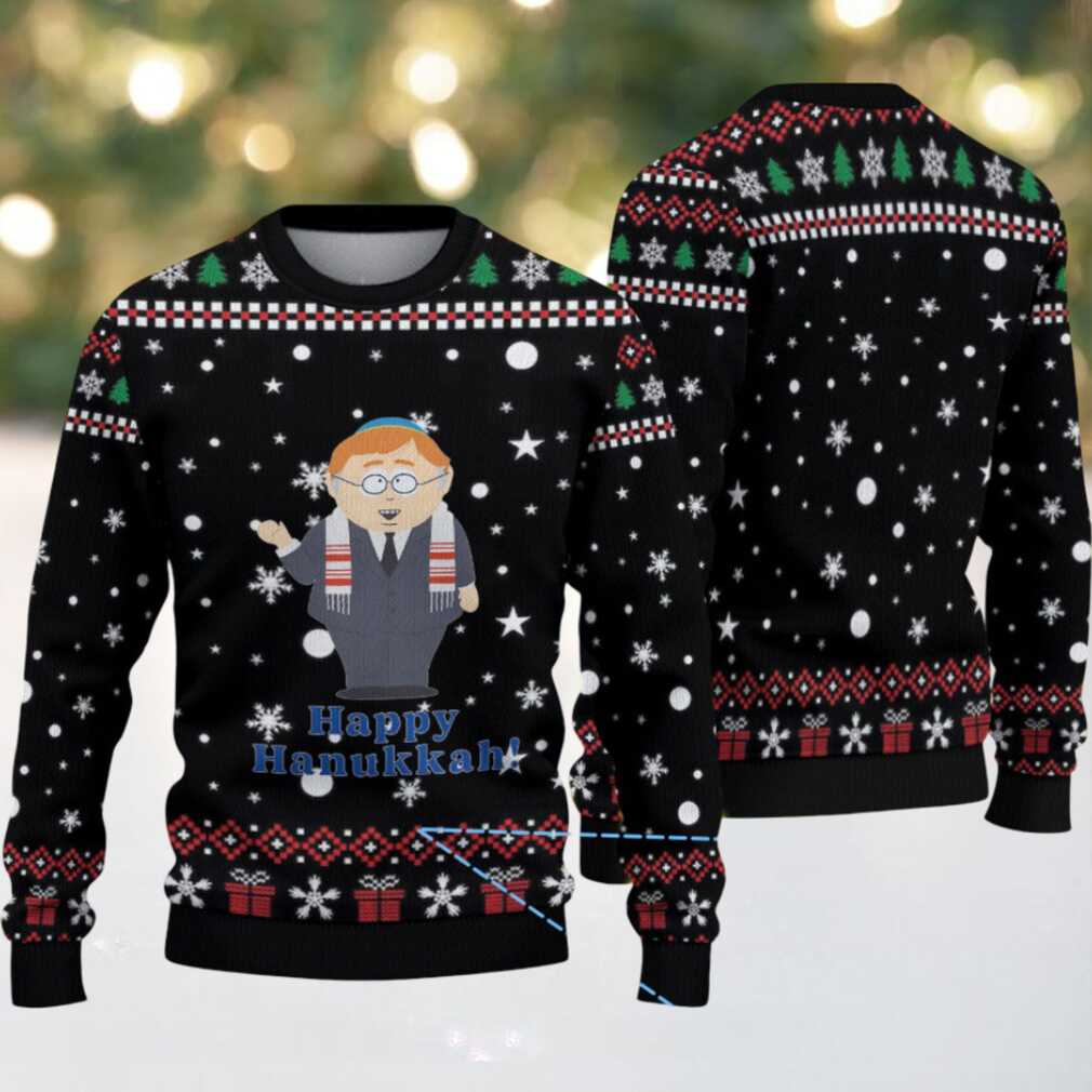 Black & Red “Happy Hanukkah” South Park Character with Snowflake Gift Pattern – Vintage Ugly Christmas Sweater Black & Red “Happy Hanukkah” South Park Character with Snowflake Gift Pattern – Vintage Ugly Christmas Sweater